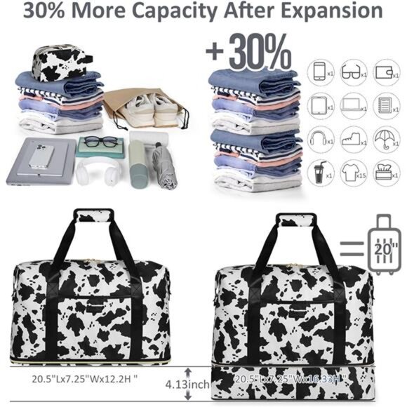 Expandable Travel Duffle Bag, Large Weekender Overnight Bags for Women Men - Picture 3 of 7